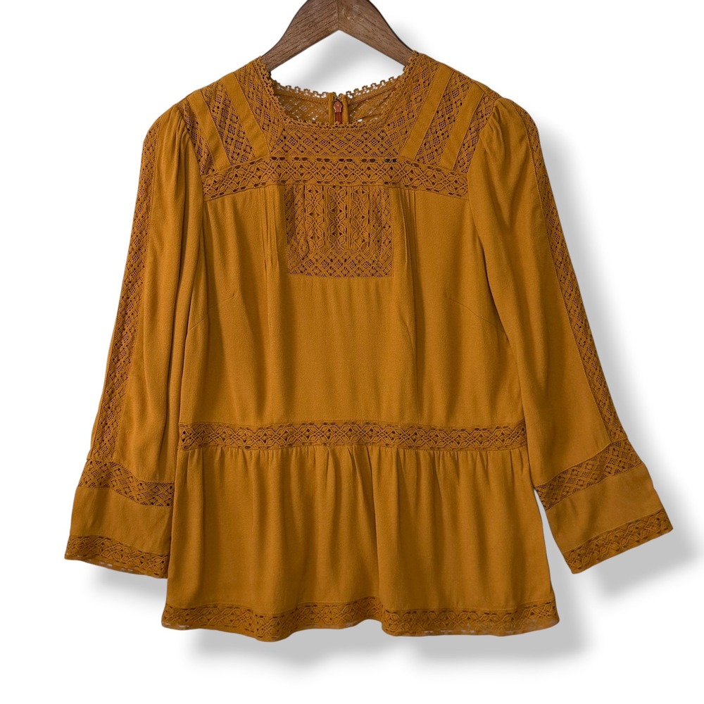 Point Sur Anthropologie Blouse 4 S Mustard Yellow Lace Crochet Trim Boho Peasant